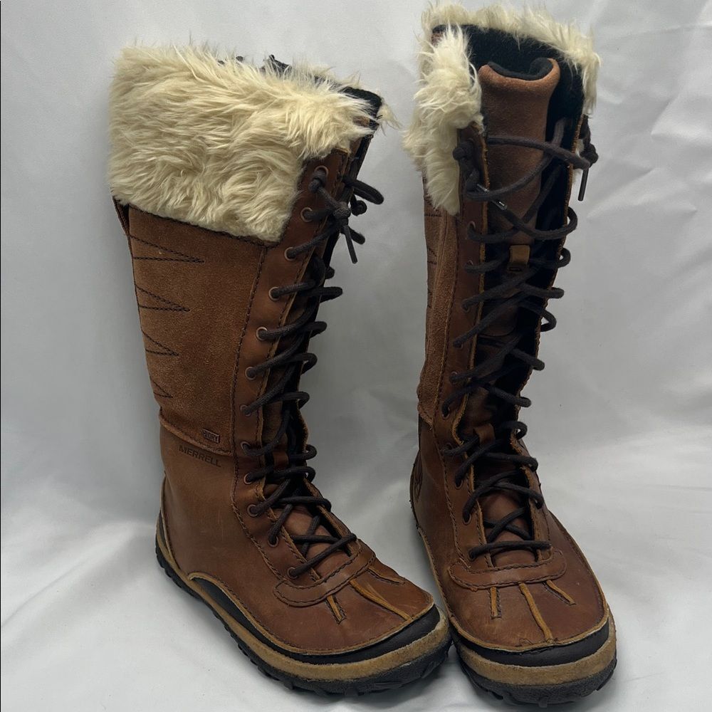 Merrell Tremblant Tall Polar Waterproof Brown Leather Boots w/ Faux Fur Trim
